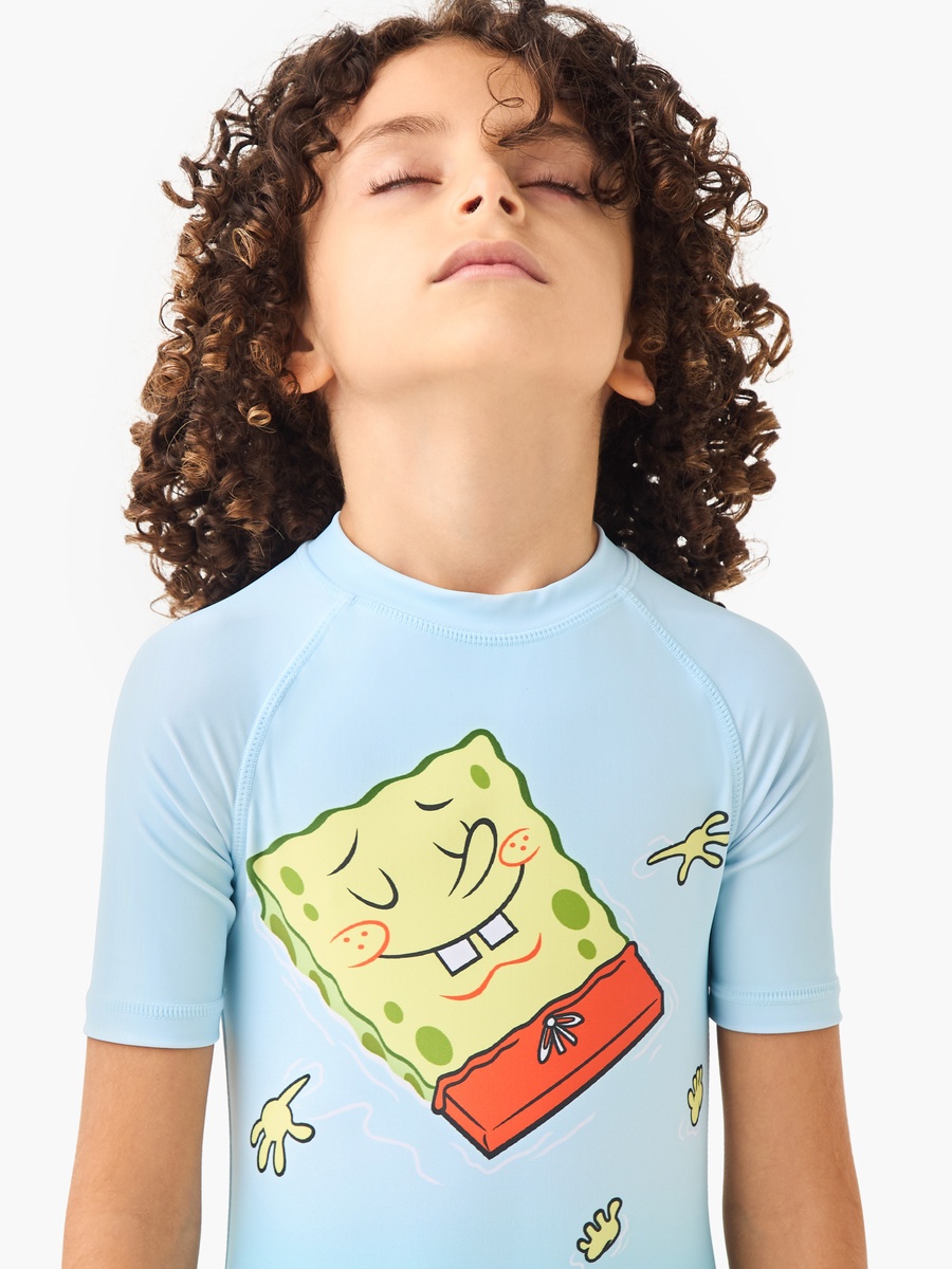 Spongebob Print Swimsuit with Raglan Sleeves and Zip Closure