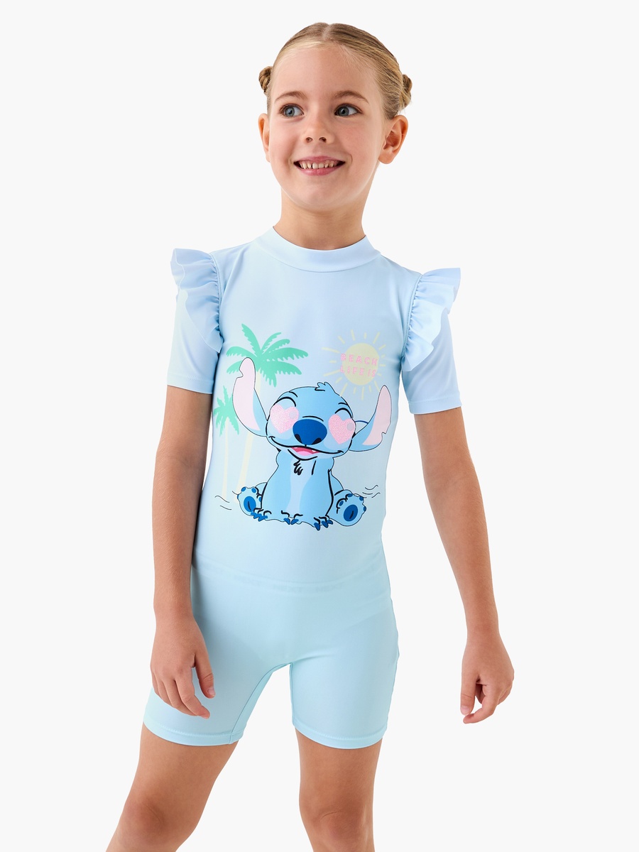 Stitch Print Swimsuit with Short Sleeves and Ruffle Detail