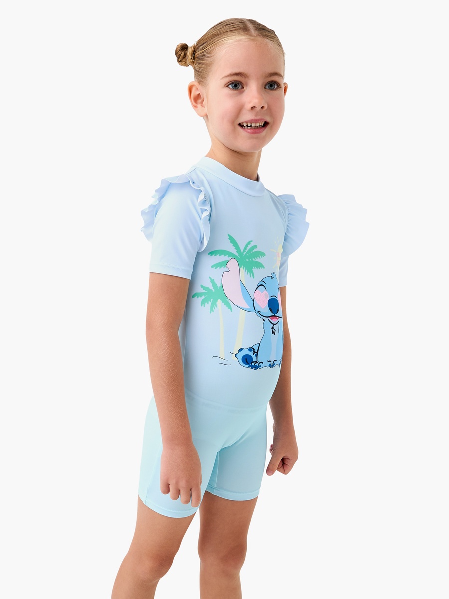 Stitch Print Swimsuit with Short Sleeves and Ruffle Detail