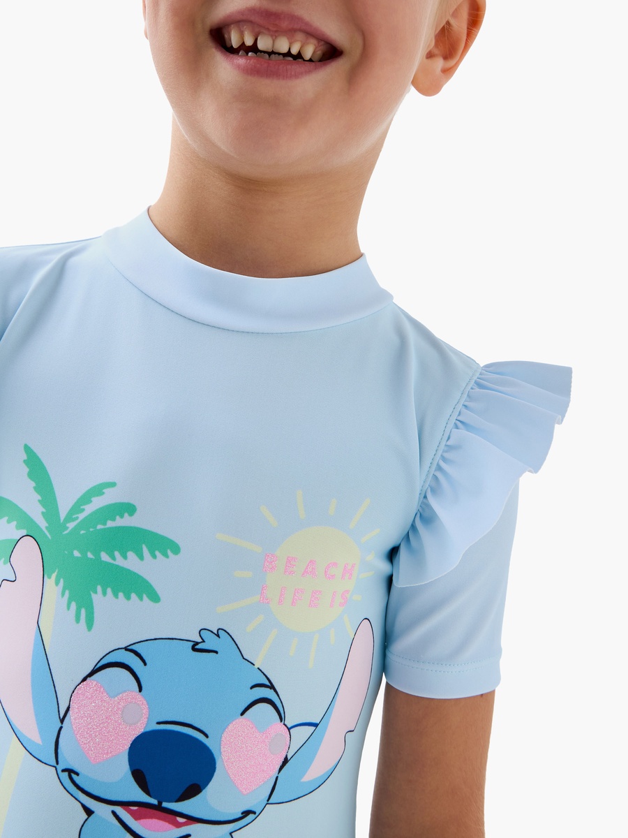 Stitch Print Swimsuit with Short Sleeves and Ruffle Detail