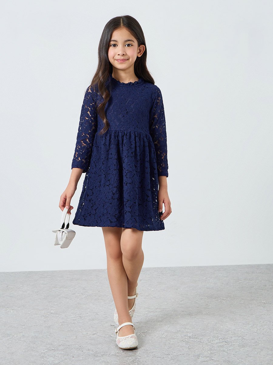 Girls Dark Blue Lace A-Line Dress