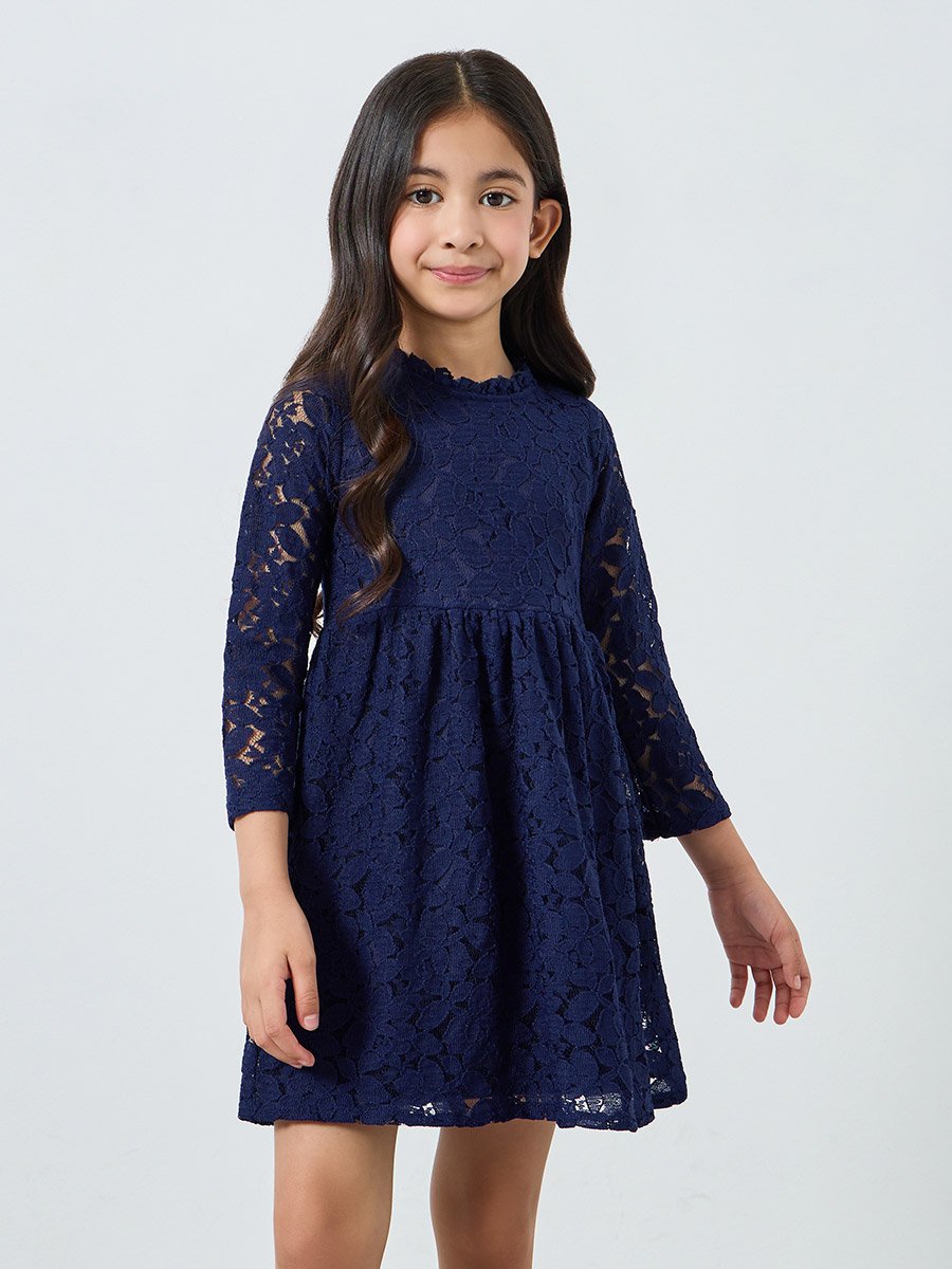 Girls Dark Blue Lace A-Line Dress