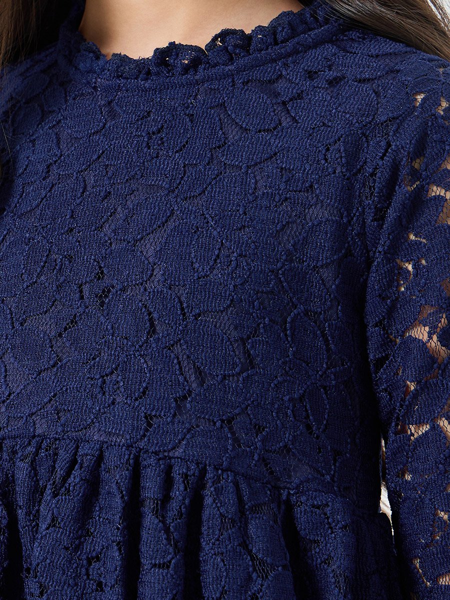 Girls Dark Blue Lace A-Line Dress