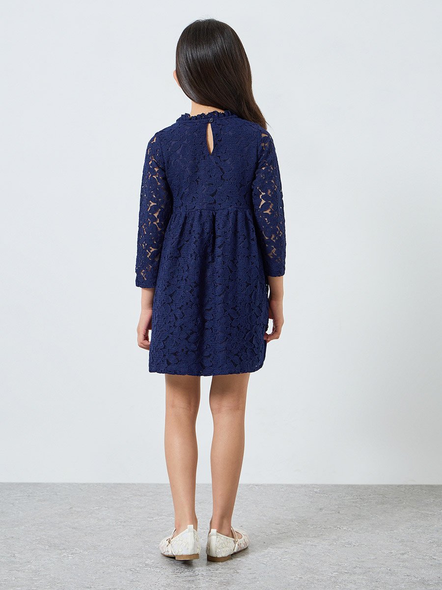 Girls Dark Blue Lace A-Line Dress