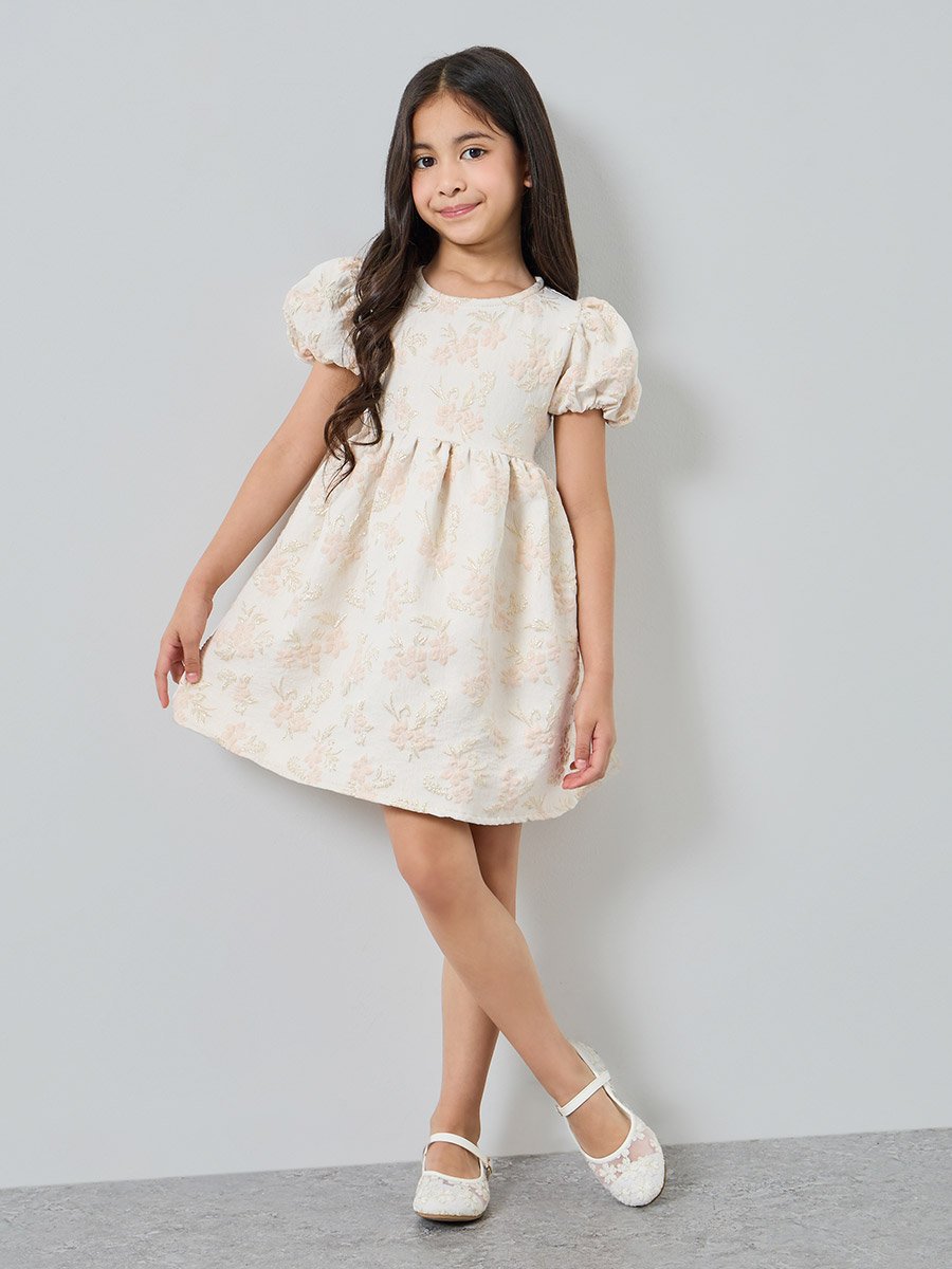 Girls Gold Floral Jaquard Fit and Flare Party Dress