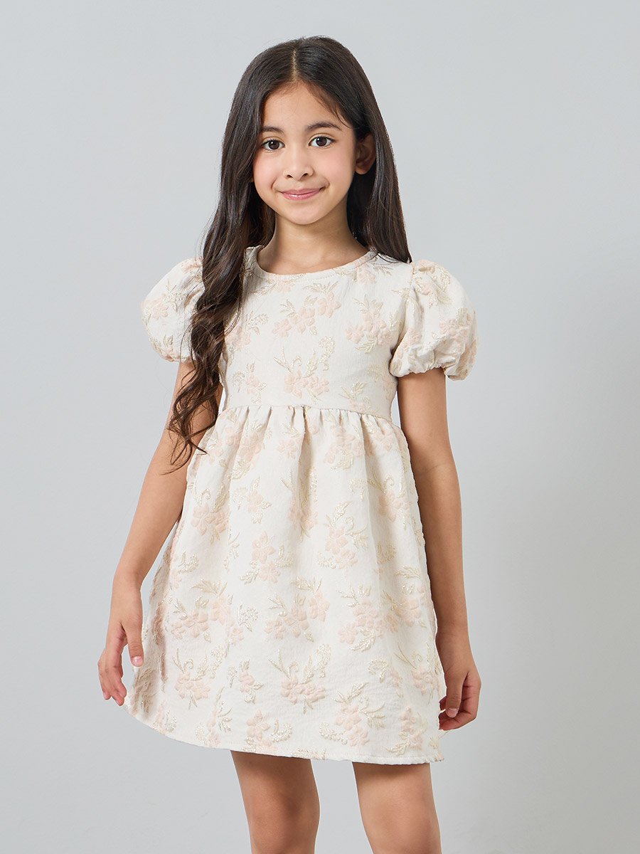 Girls Gold Floral Jaquard Fit and Flare Party Dress