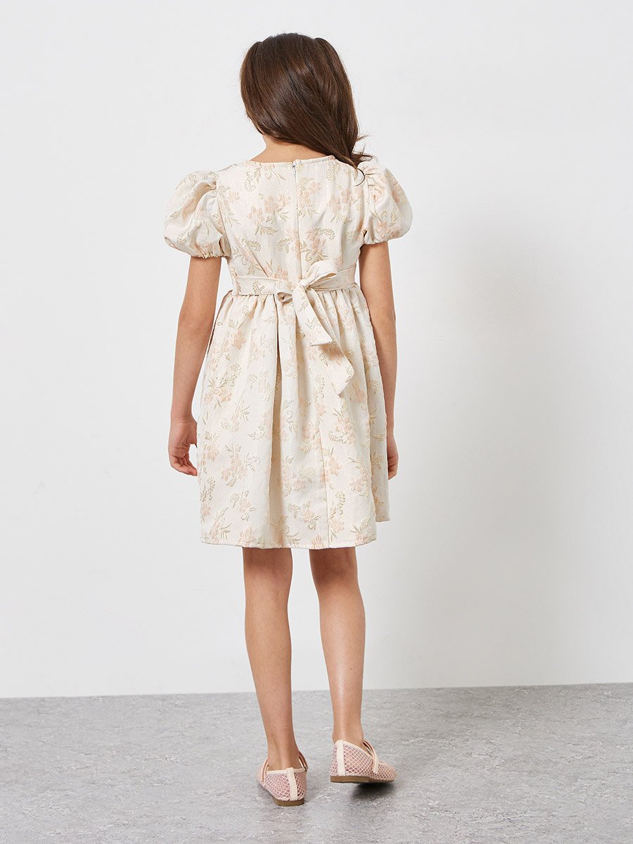 Girls Gold Floral Jacquard A-Line Dress For Kids at UAE | Styli