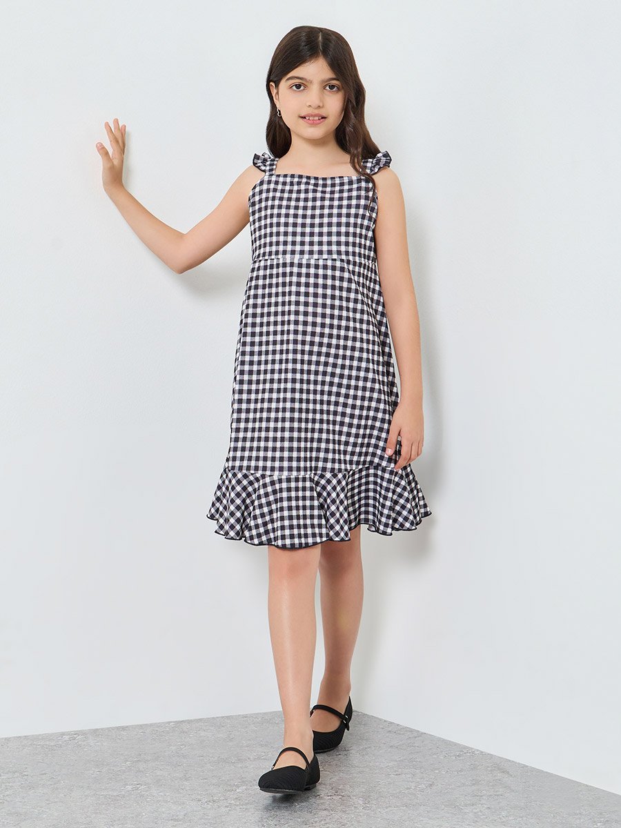 Girls Black Gingham Print Strappy Dress