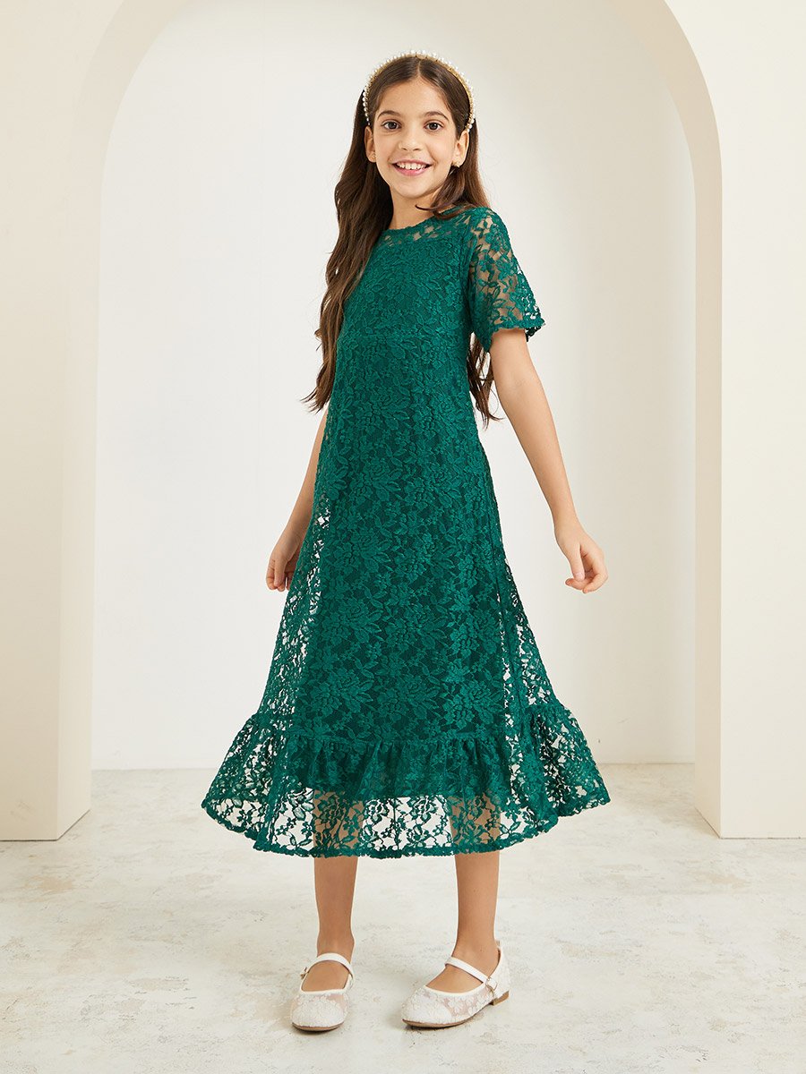 Girls Green Lace A-Line Midi Dress