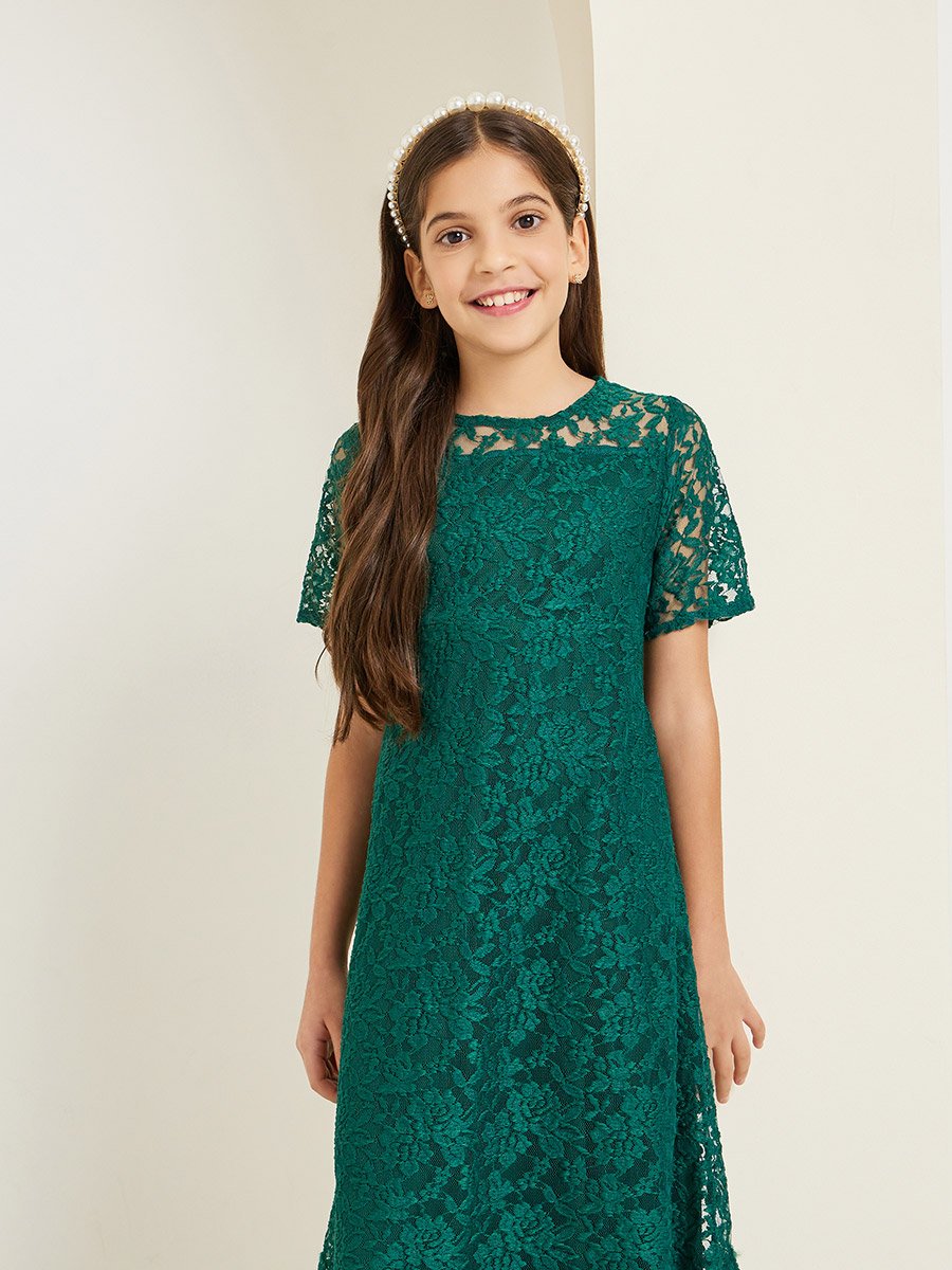Girls Green Lace A-Line Midi Dress