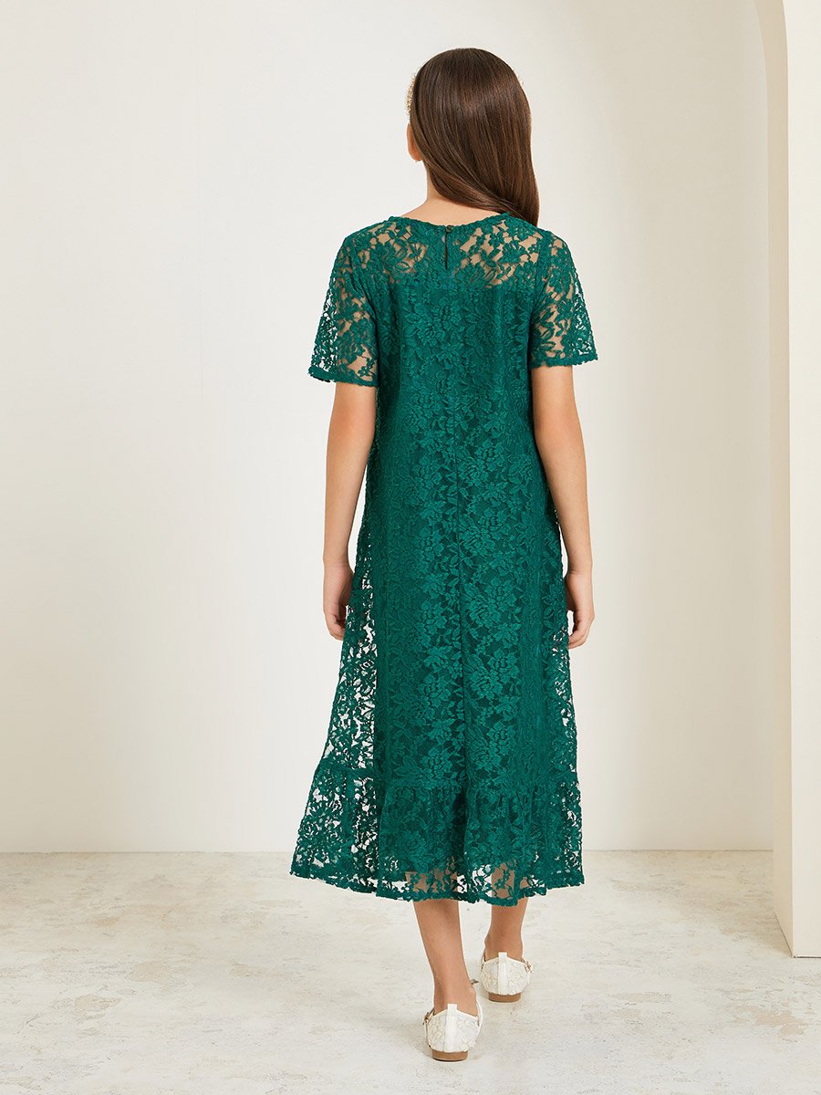 Girls Green Lace A-Line Midi Dress