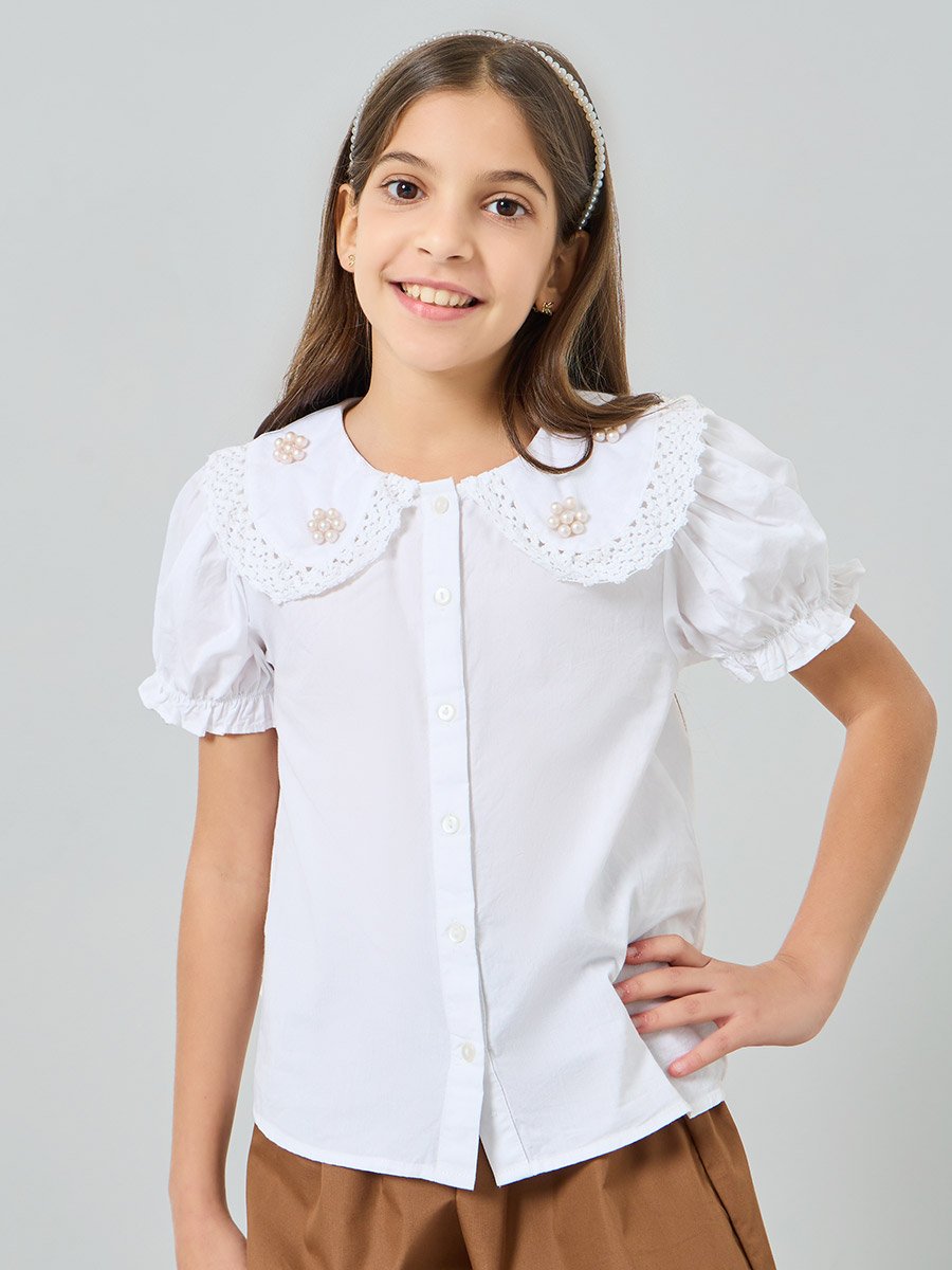 Teens White Cotton Top with Embroidered Collar