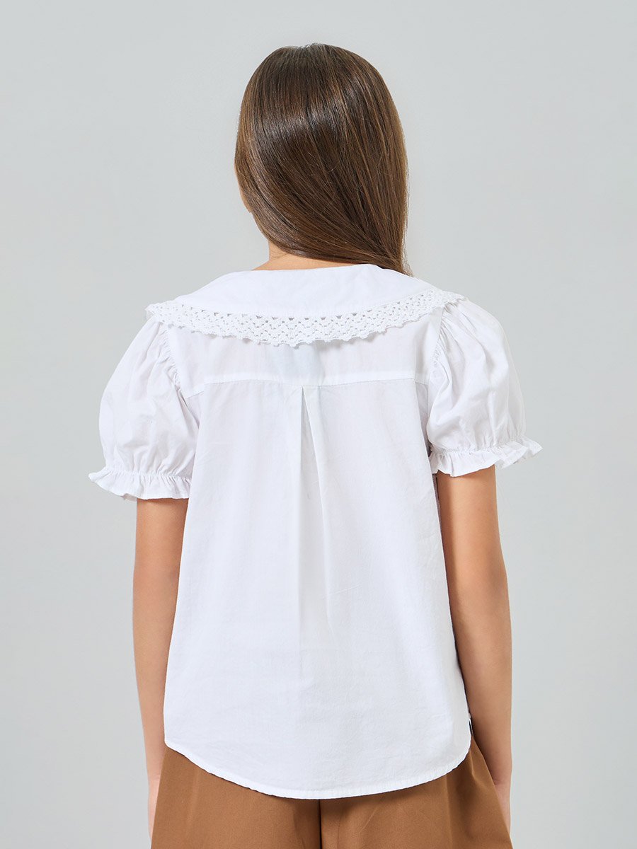 Teens White Cotton Top with Embroidered Collar