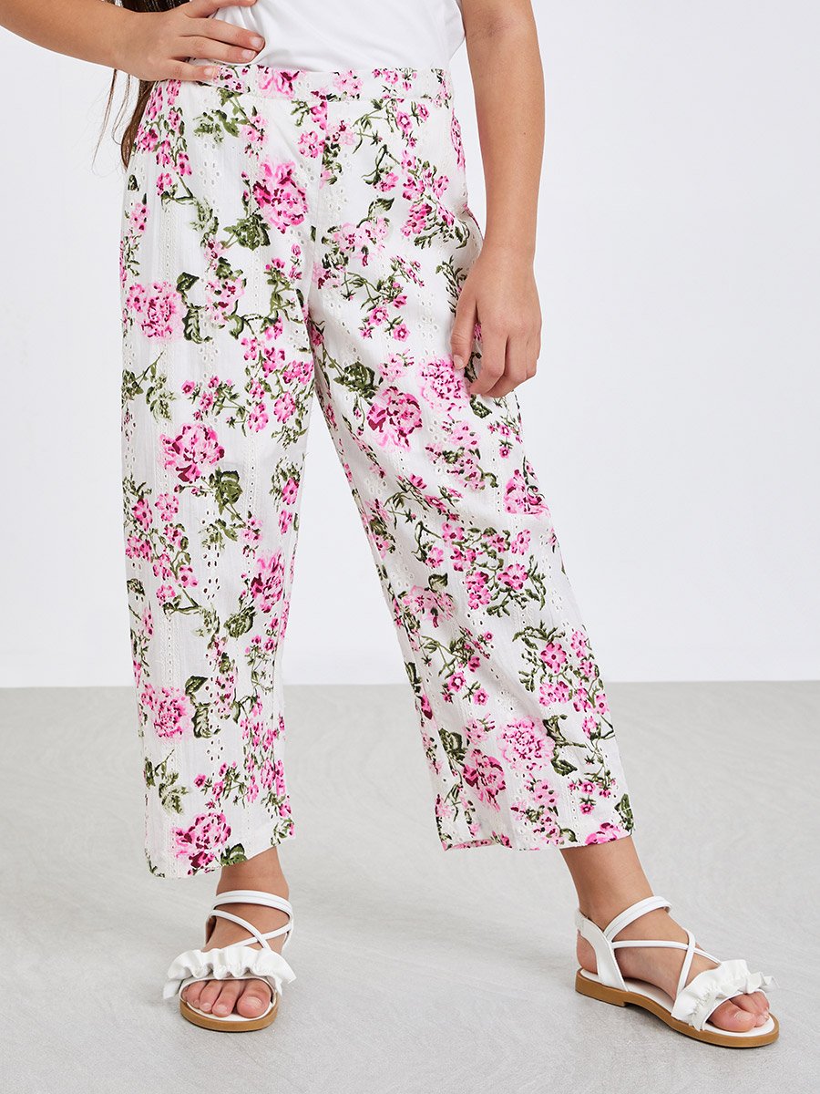 Girls Floral Print Schiffli Pants
