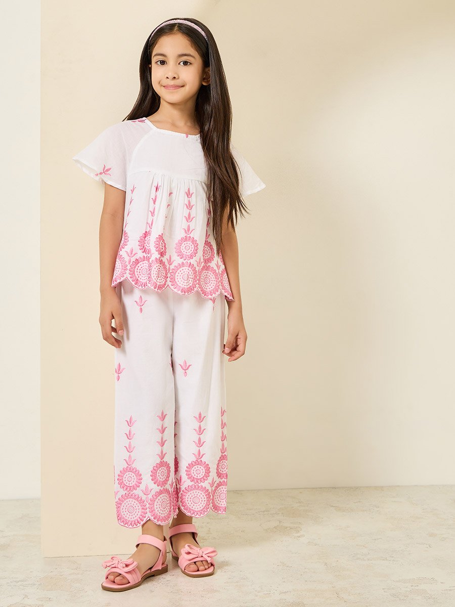 Girls White Cotton Embroidered Top and Pants Set