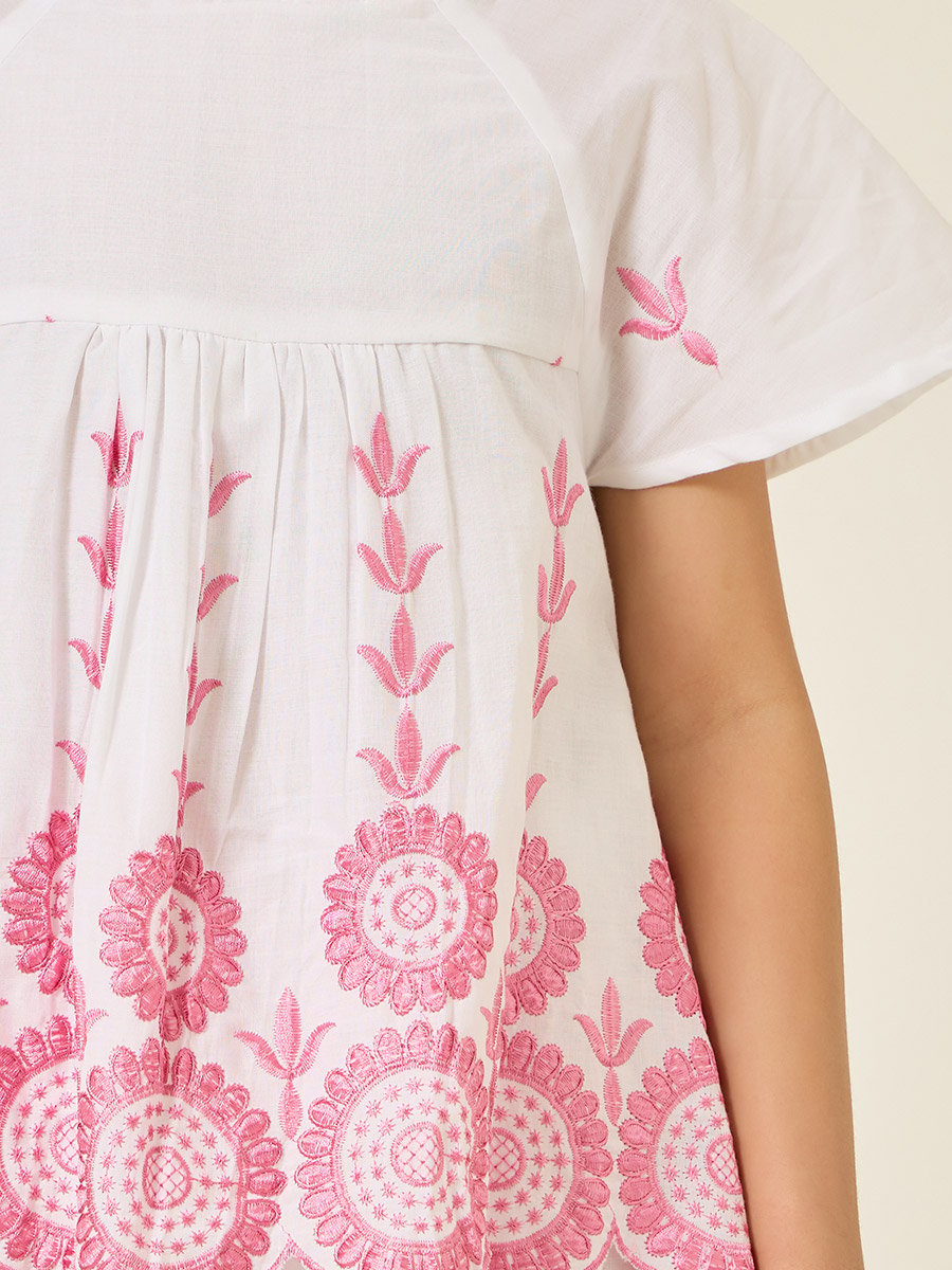 Girls White Cotton Embroidered Top and Pants Set