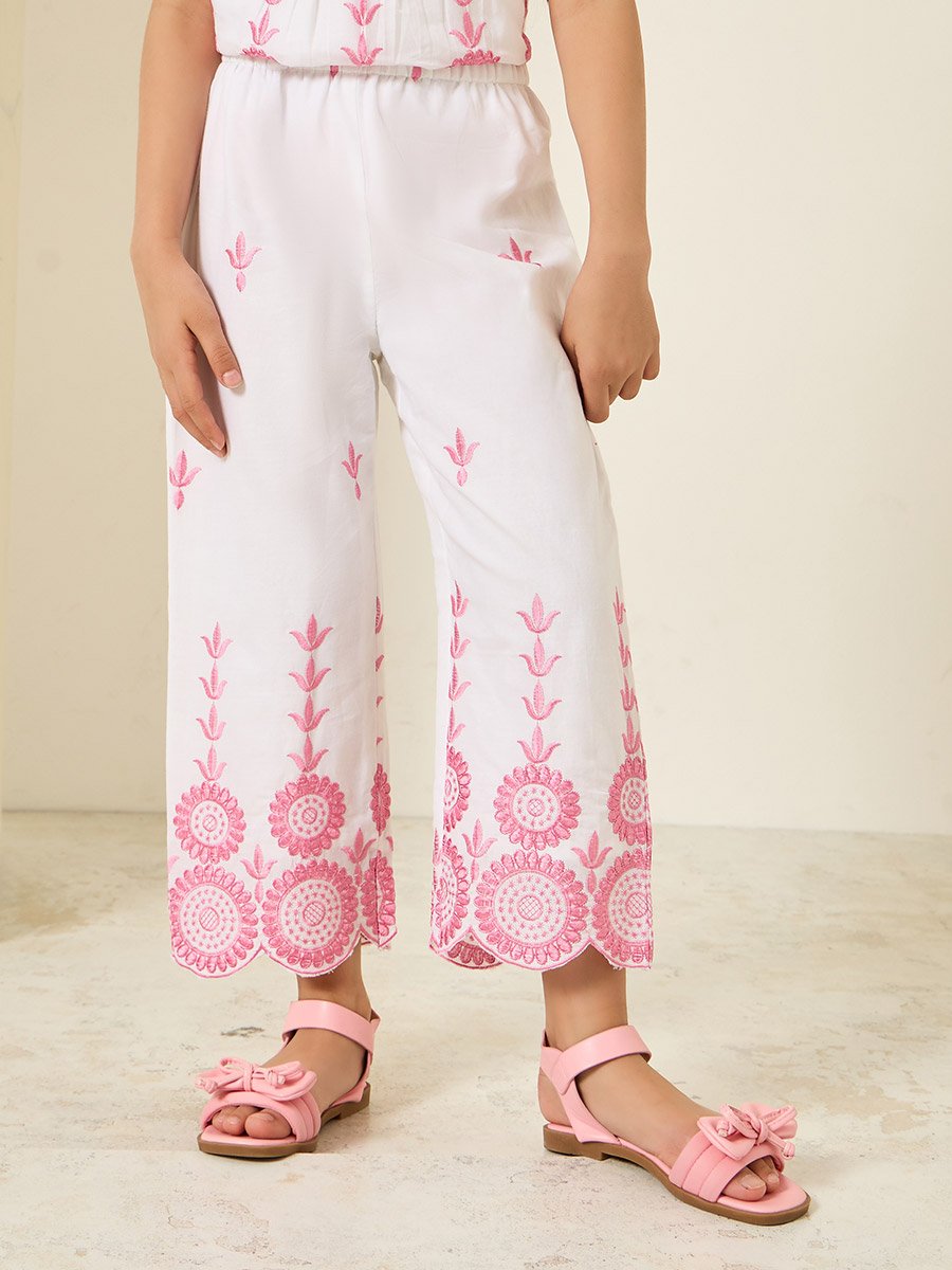 Girls White Cotton Embroidered Top and Pants Set