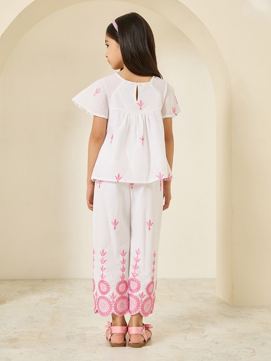 Girls White Cotton Embroidered Top and Pants Set