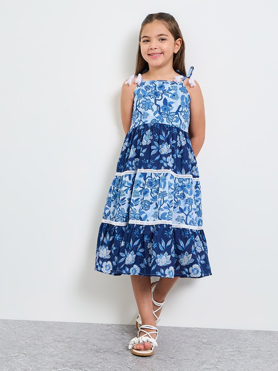 Girls Blue Tiered Dress with Floral Print