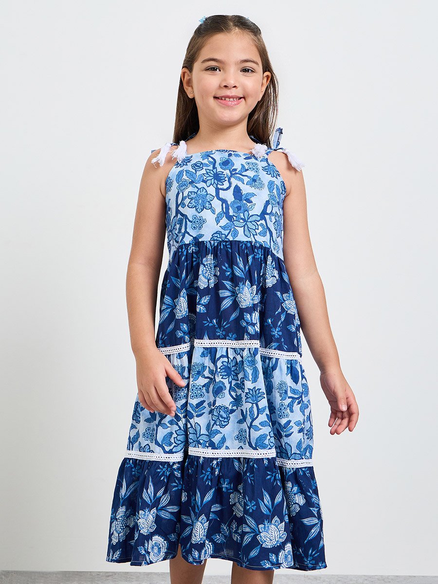 Girls Blue Tiered Dress with Floral Print