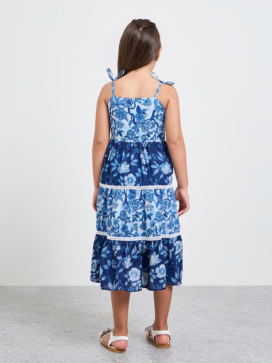 Girls Blue Tiered Dress with Floral Print