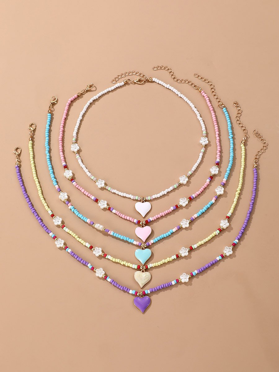 Set of 5 - Girls Heart Pendant Beaded Necklace