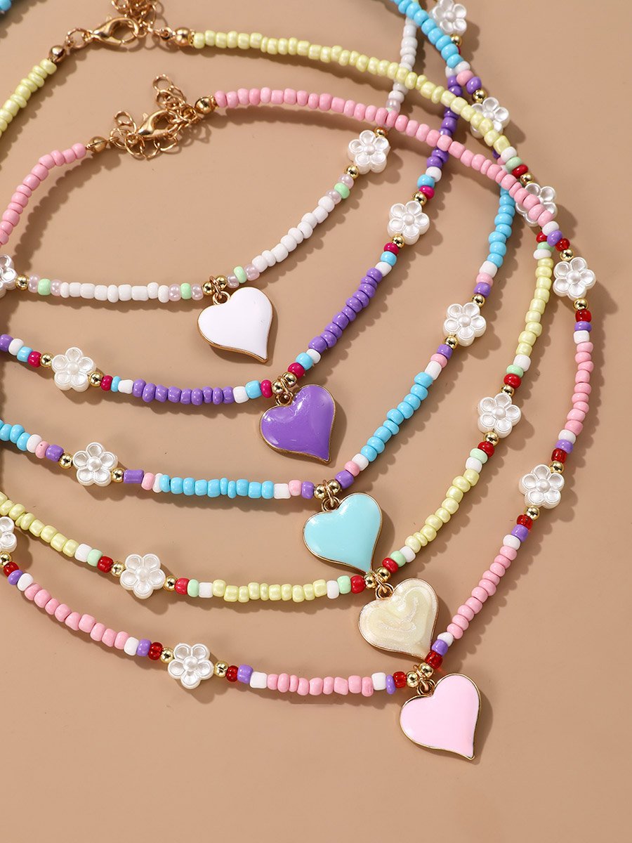 Set of 5 - Girls Heart Pendant Beaded Necklace