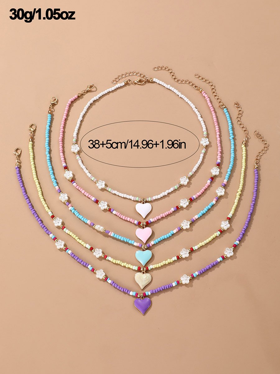 Set of 5 - Girls Heart Pendant Beaded Necklace