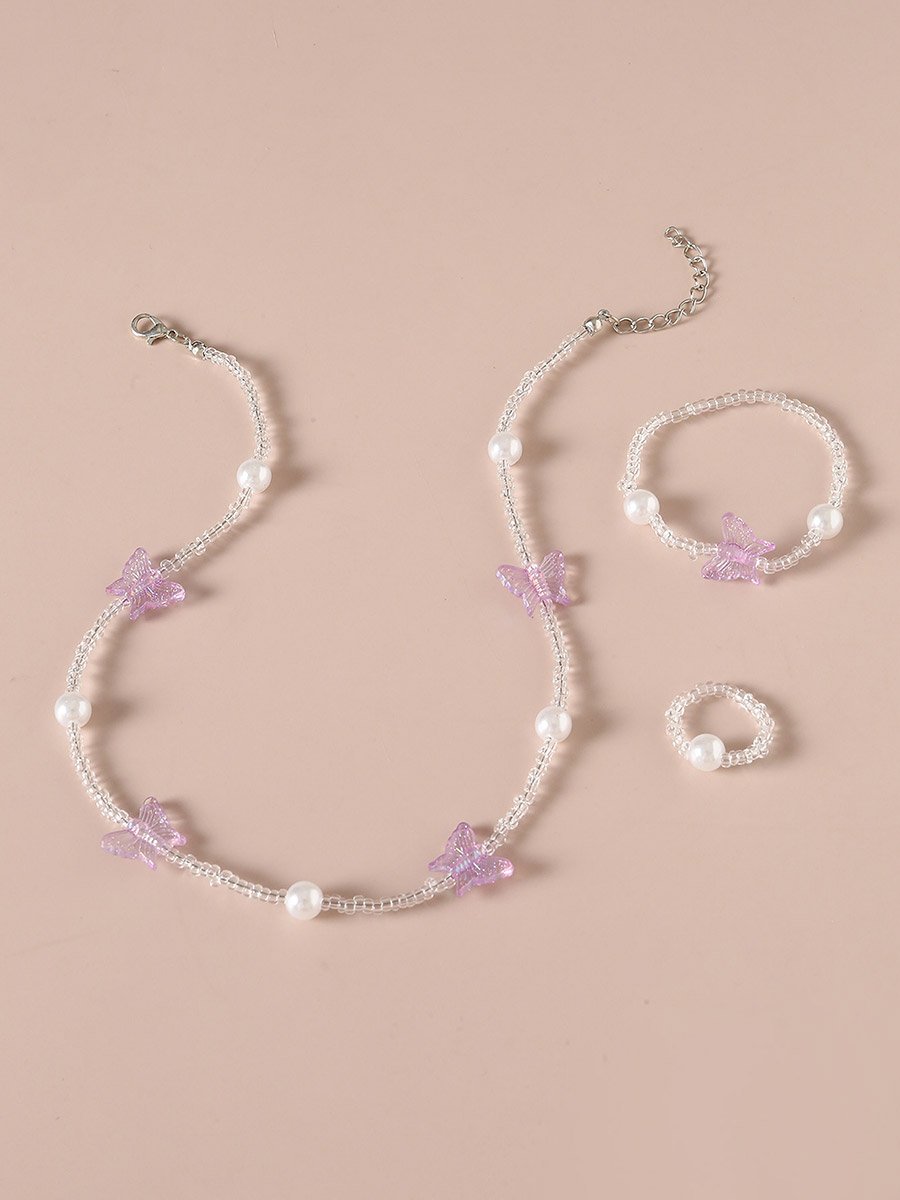 Pack of 3 - Butterfly Beaded Necklace with Bracelet and Ring