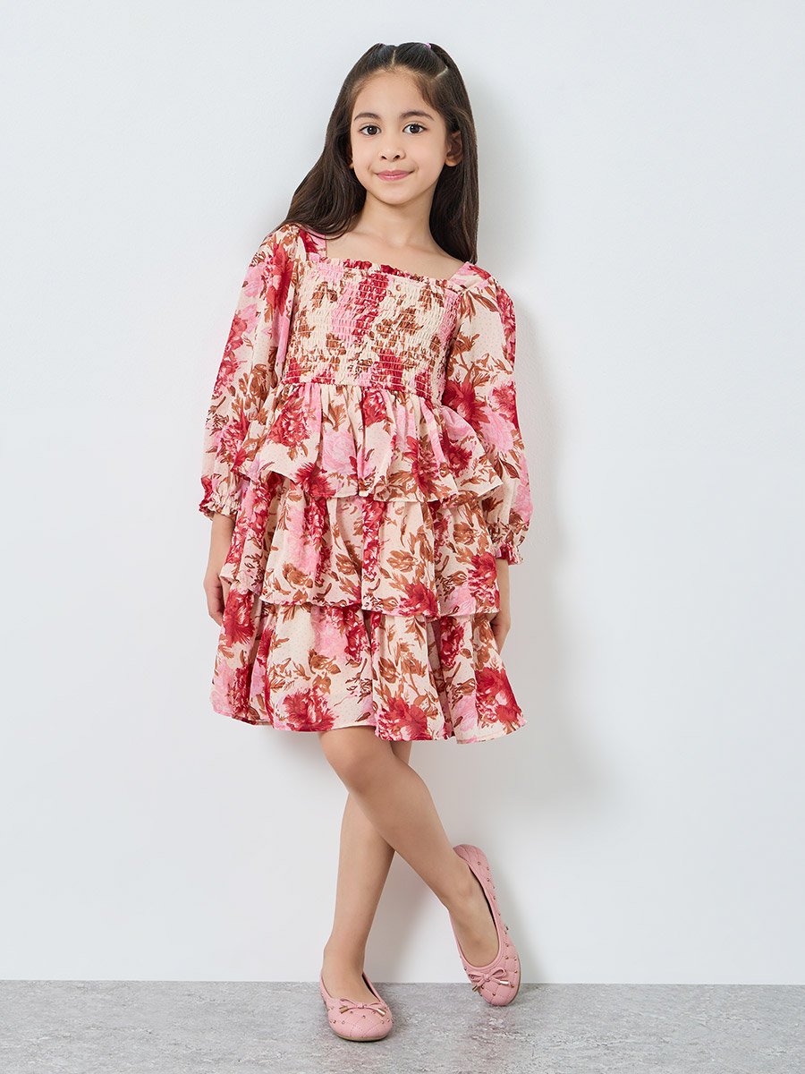 Girls Pink Floral Tiered Mini Dress