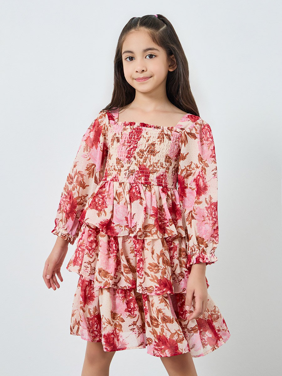 Girls Pink Floral Tiered Mini Dress