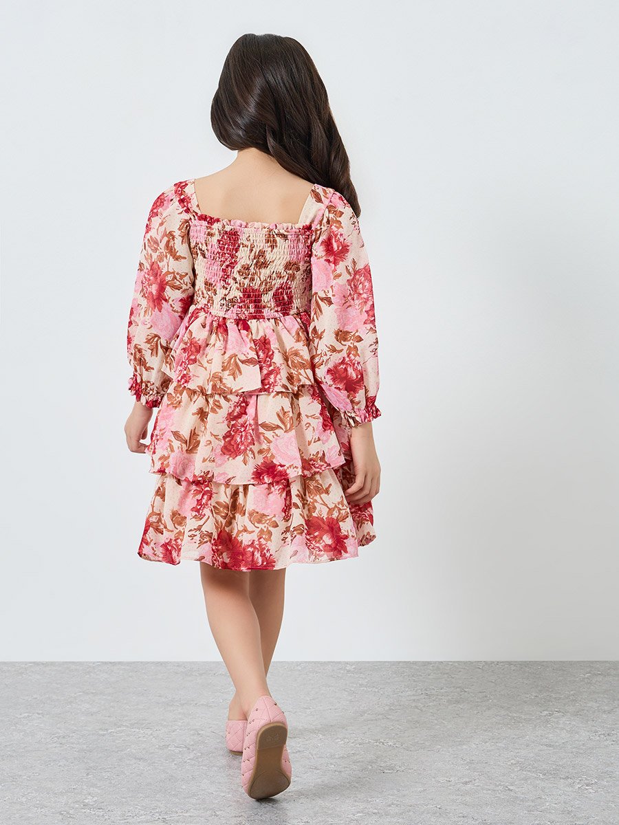Girls Pink Floral Tiered Mini Dress