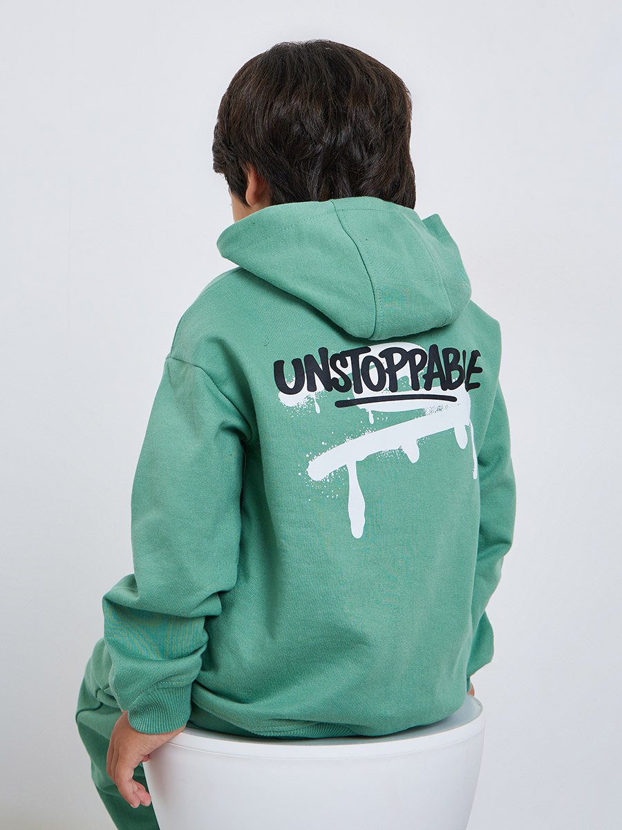 Boys Green Graphic Print Cotton Hoodie