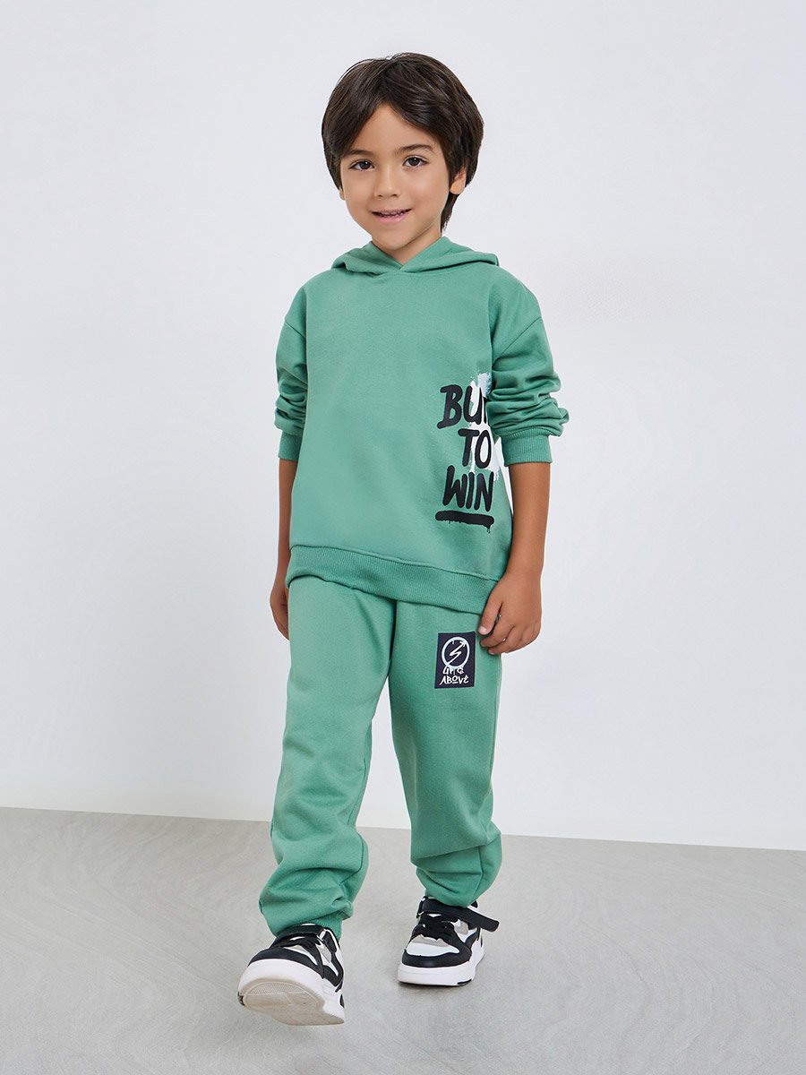Boys Green Graphic Print Cotton Hoodie