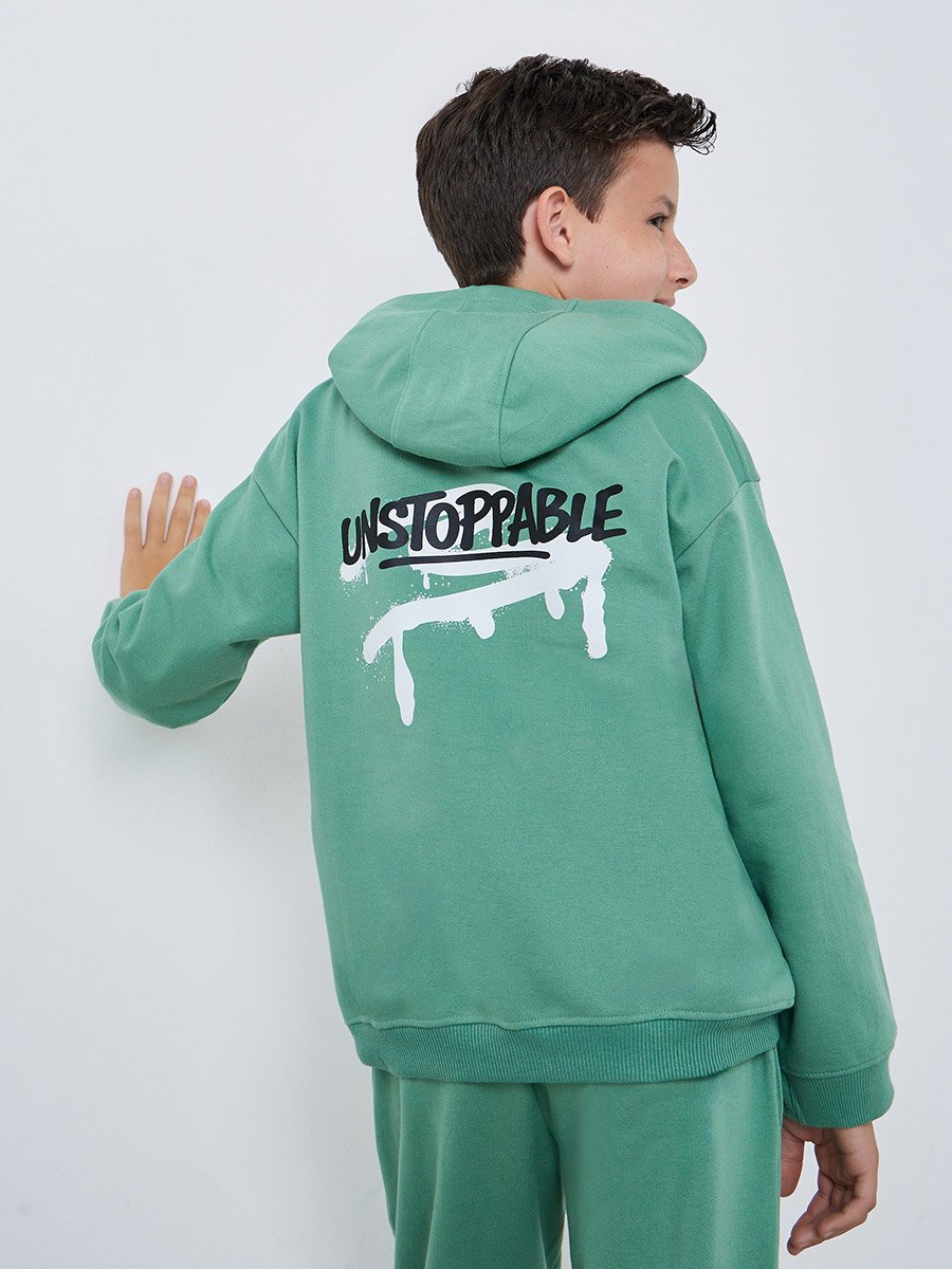 Teens Green Graphic Print Cotton Hoodie