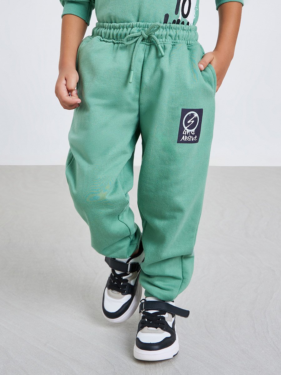 Boys Green Placement Print Cotton Joggers