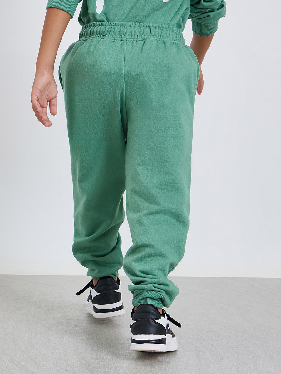 Boys Green Placement Print Cotton Joggers