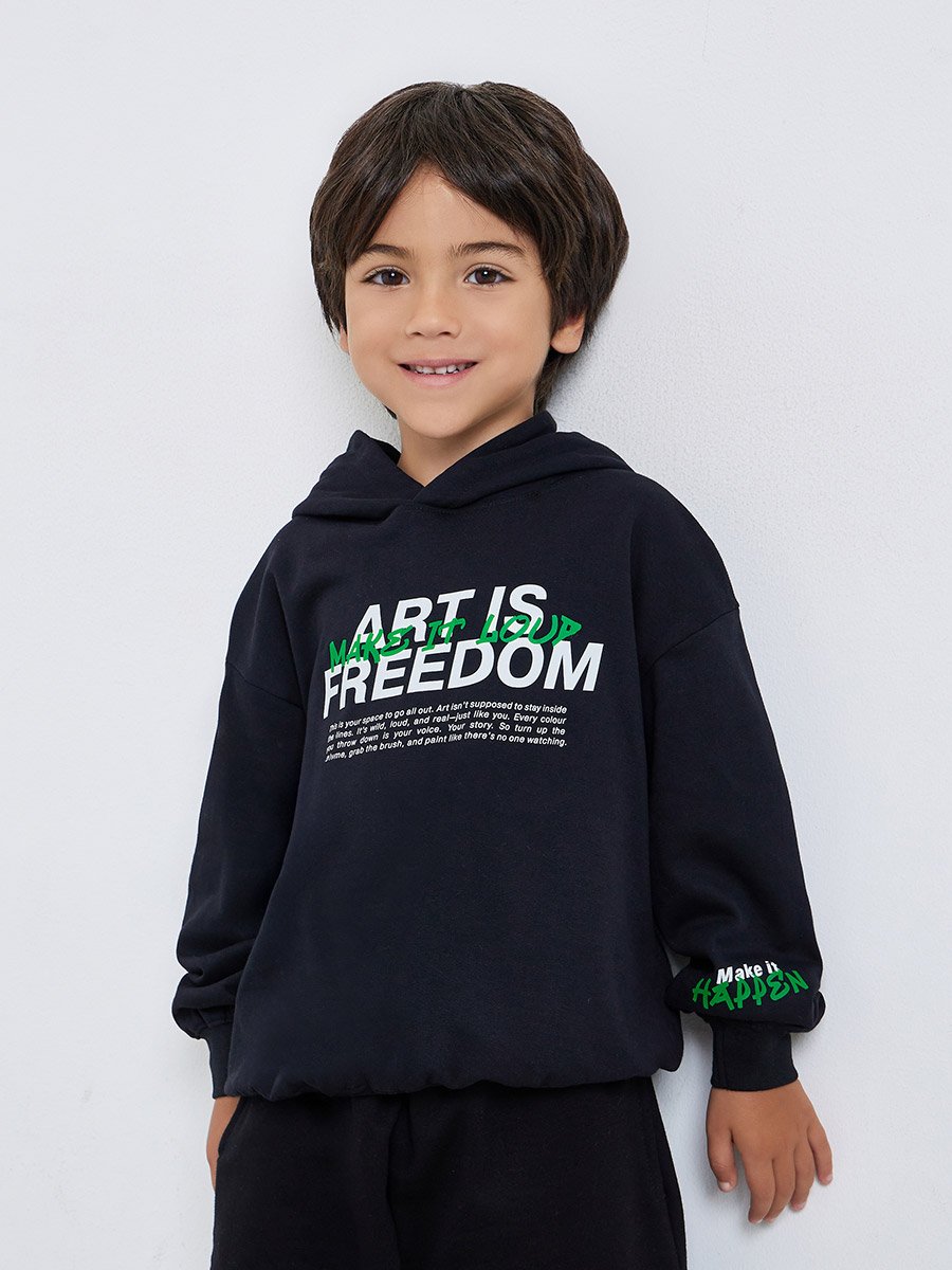 Boys Black Graphic Print Cotton Hoodie