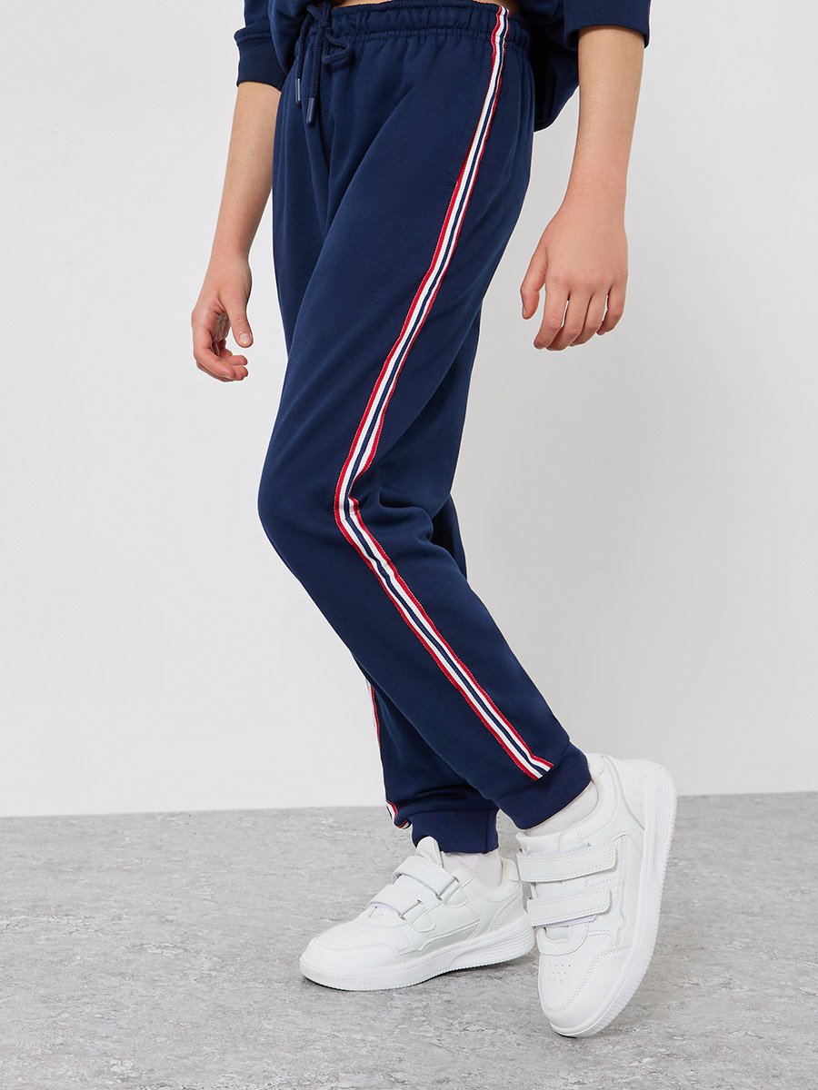 Teens Navy Blue Cotton Joggers with Side Stripe