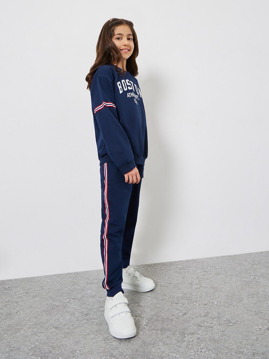 Teens Navy Blue Cotton Joggers with Side Stripe