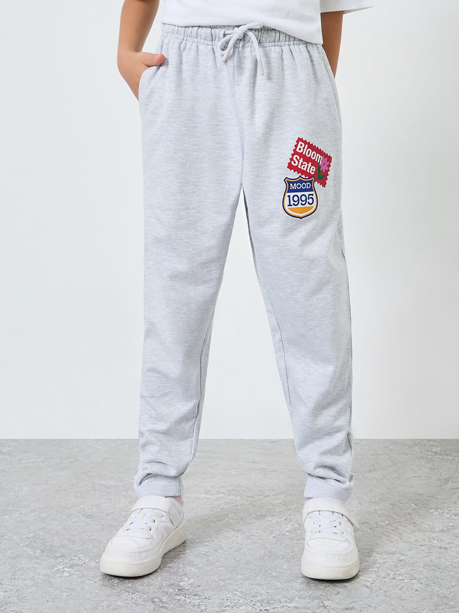 Teens Grey Graphic Print Cotton Joggers