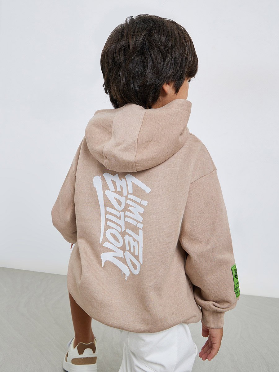 Boys Beige Slogan Print Hoodie