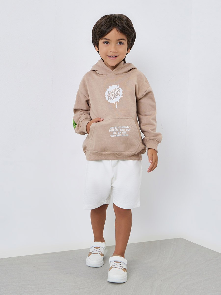 Boys Beige Slogan Print Hoodie