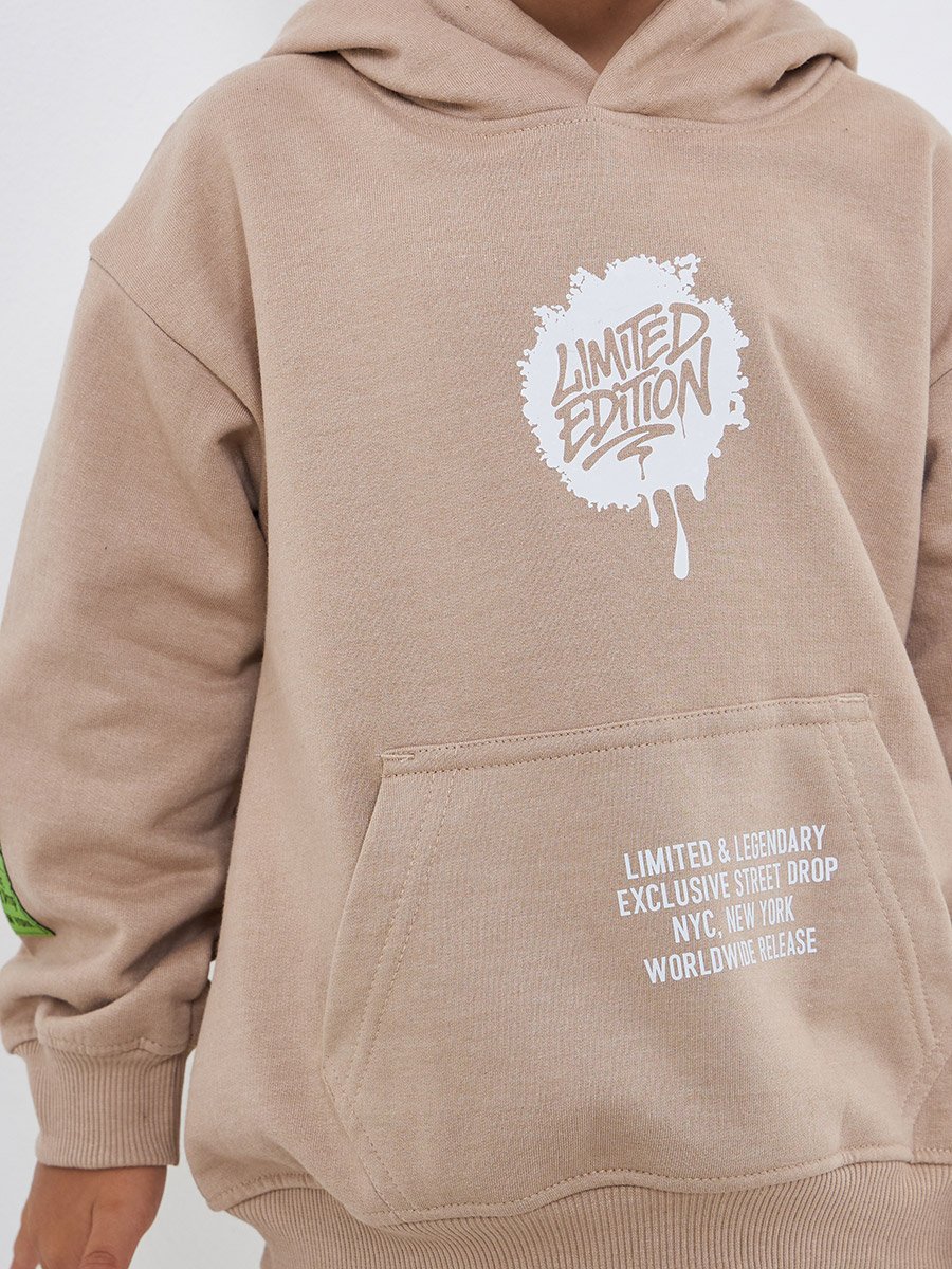 Boys Beige Slogan Print Hoodie