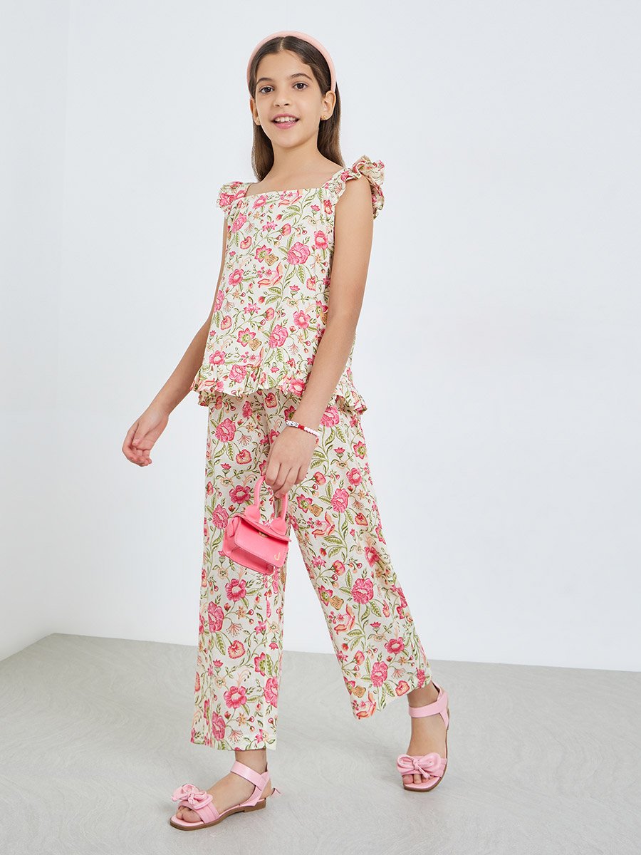 Teen Girls Floral Cotton Top and Trousers Set