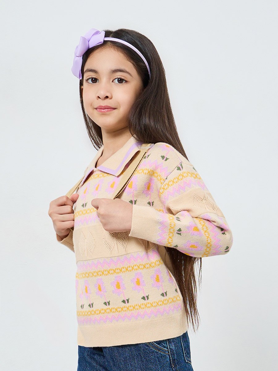 Girls Beige Embroidered Knit Sweatshirt