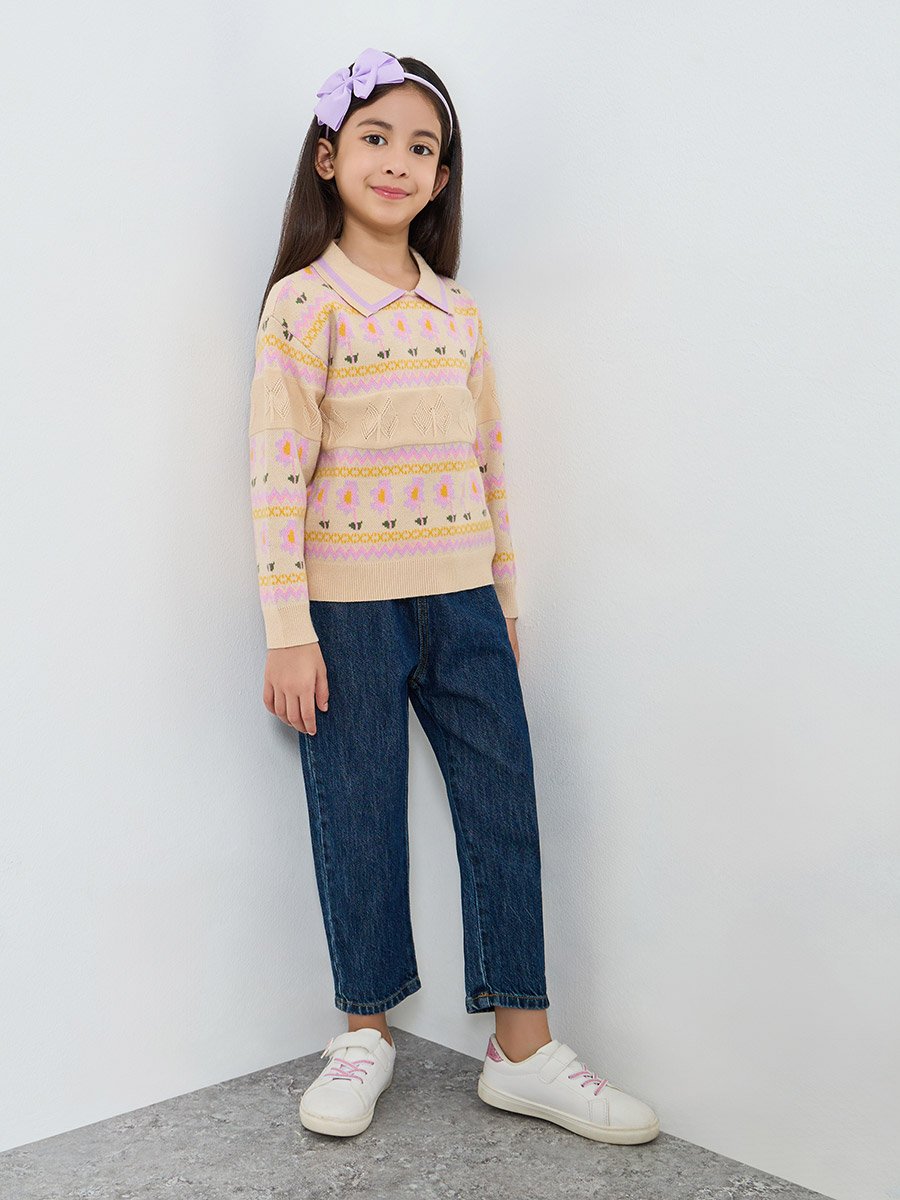 Girls Beige Embroidered Knit Sweatshirt