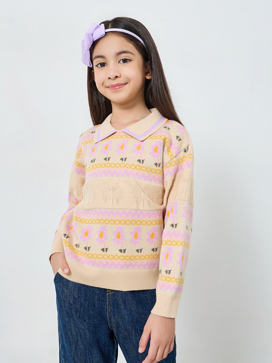 Girls Beige Embroidered Knit Sweatshirt