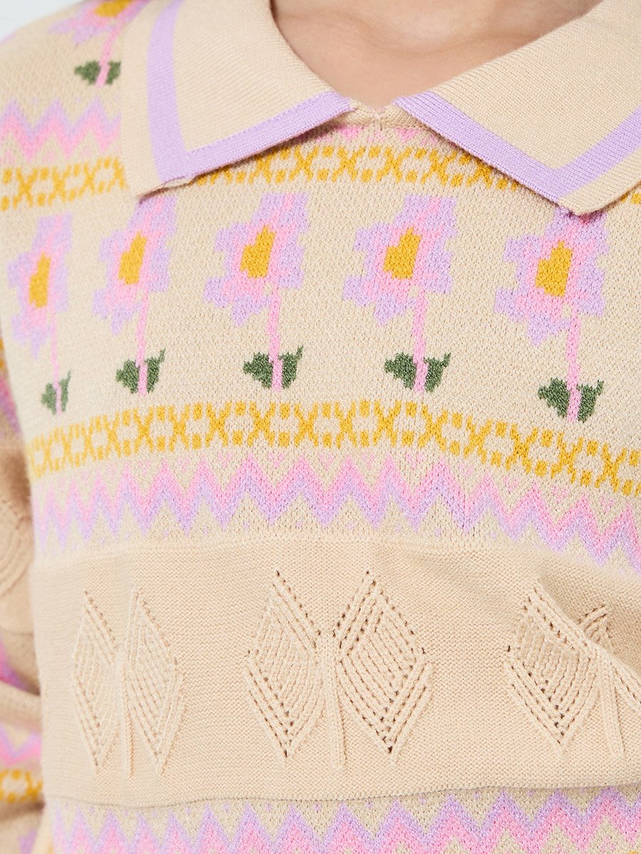 Girls Beige Embroidered Knit Sweatshirt
