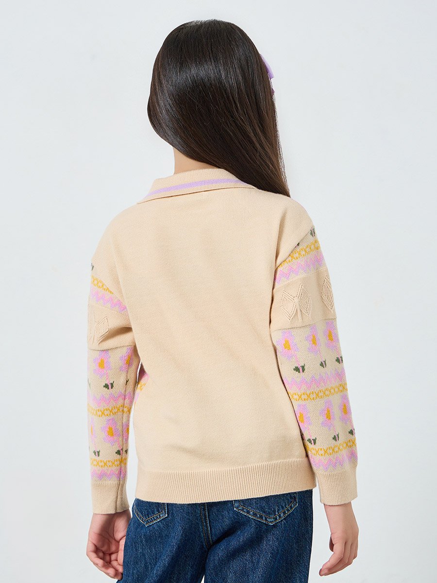 Girls Beige Embroidered Knit Sweatshirt